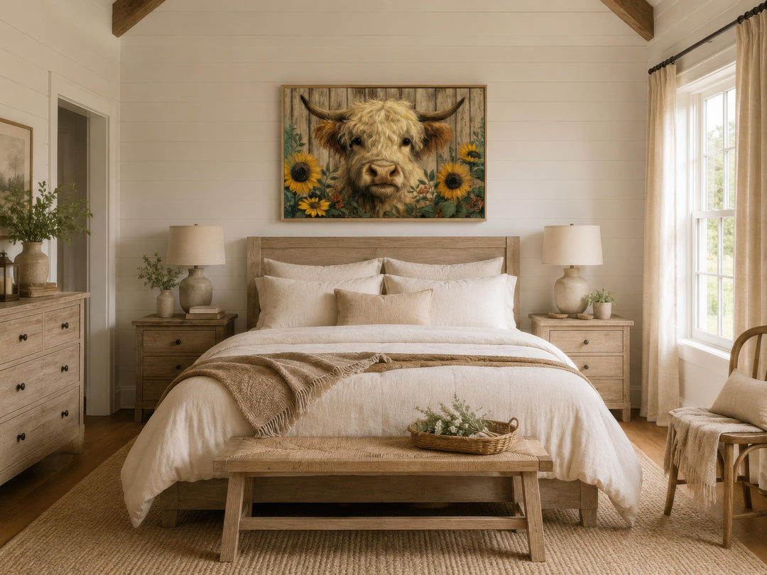 Highland cow canvas print with sunflowers hanging above a bed in a rustic farmhouse bedroom.