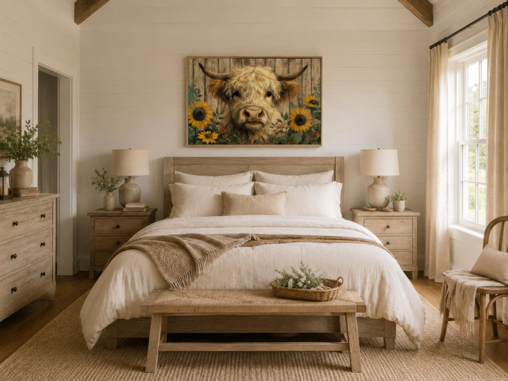 Highland cow canvas print with sunflowers hanging above a bed in a rustic farmhouse bedroom.