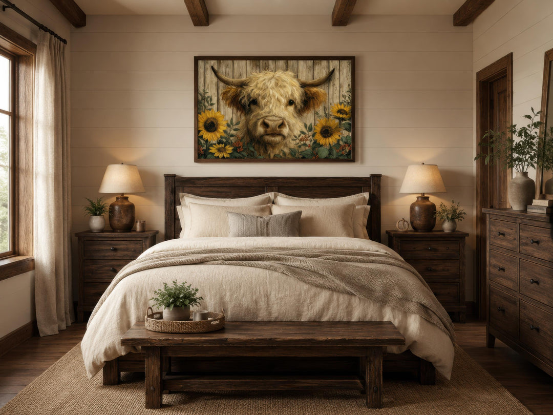 Highland cow canvas print with sunflowers hanging above a bed in a rustic farmhouse bedroom.