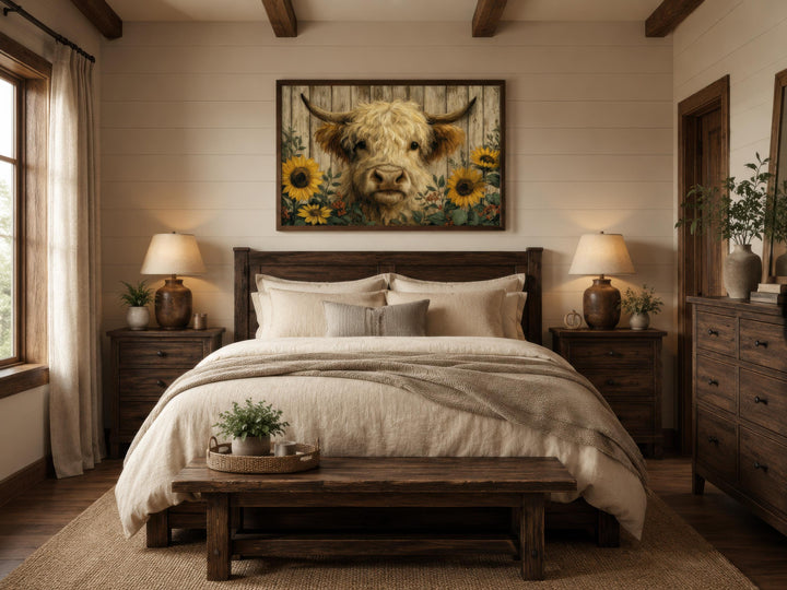 Highland cow canvas print with sunflowers hanging above a bed in a rustic farmhouse bedroom.