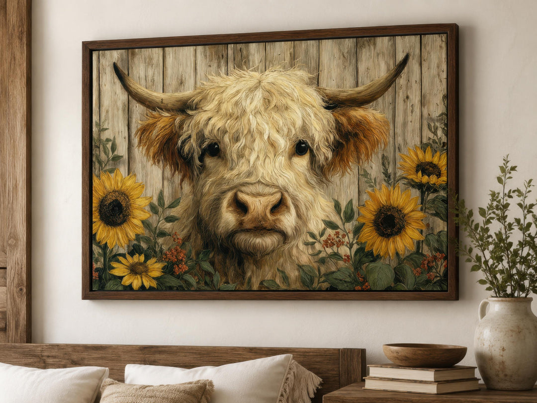 Framed canvas print of a fluffy Highland cow with sunflowers in a rustic farmhouse setting.