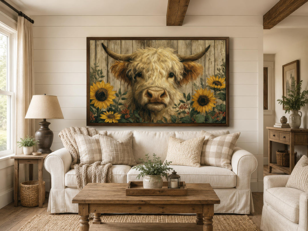 A framed canvas print of a fluffy Highland cow with sunflowers hangs in a rustic farmhouse living room.
