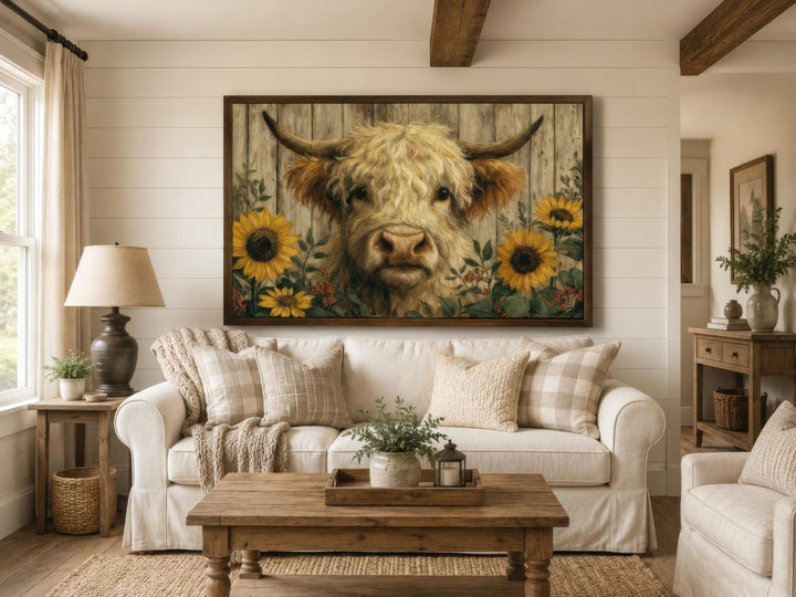 A framed canvas print of a fluffy Highland cow with sunflowers hangs in a rustic farmhouse living room.