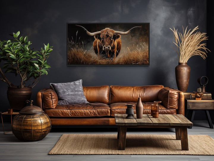 Highland Cow Wall Art – Framed Canvas Painting | Rustic Farmhouse Decor