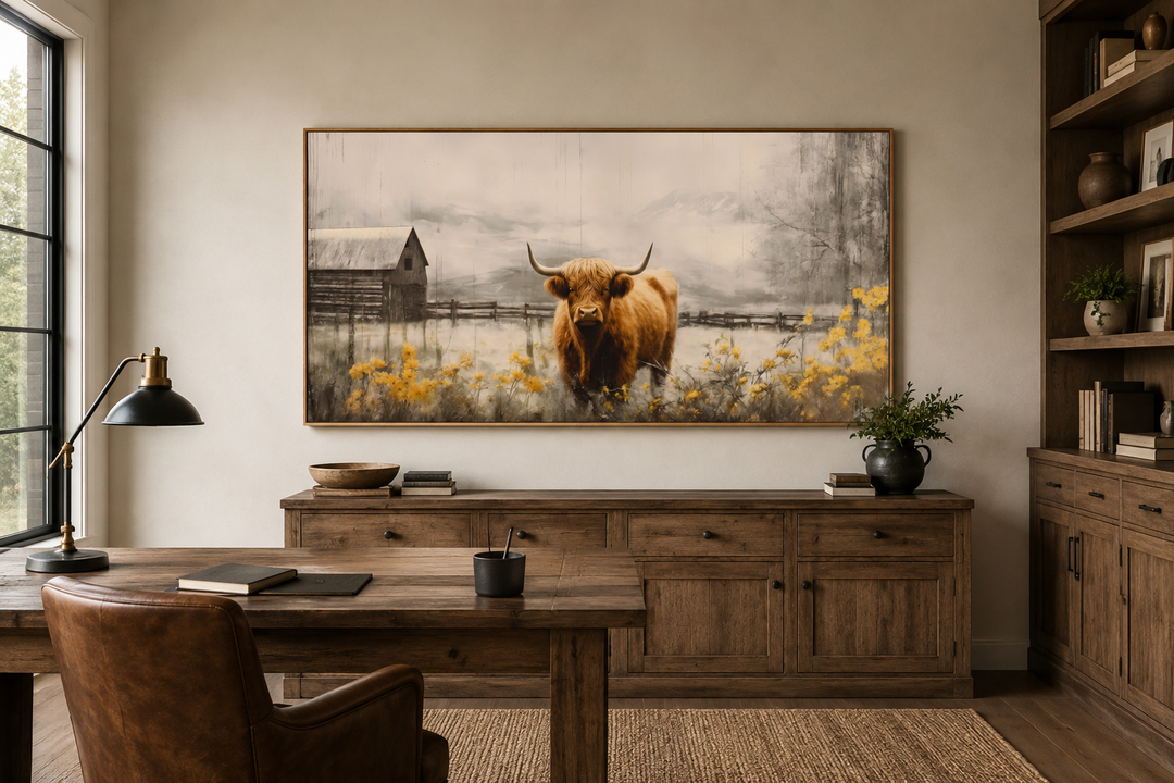 Framed Highland cow canvas wall art above a rustic wooden sideboard in a farmhouse-style office.