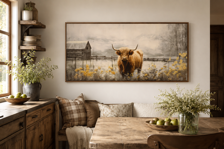Framed Highland cow wall art above a rustic dining table in a farmhouse-style room.