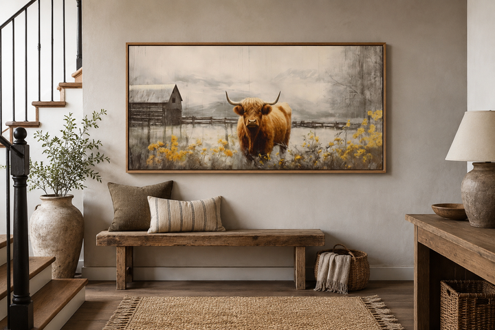 Framed Highland cow wall art above a rustic wooden bench in a farmhouse-style entryway.
