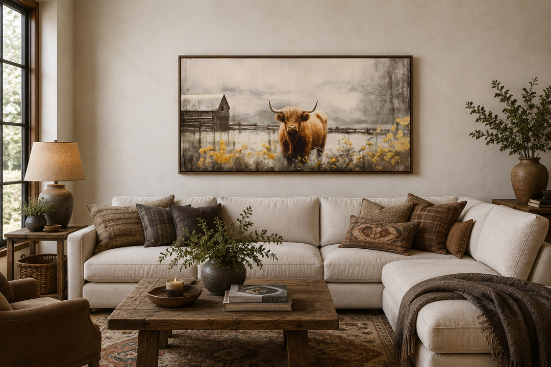 Framed Highland cow wall art above a white sectional sofa in a rustic farmhouse living room.