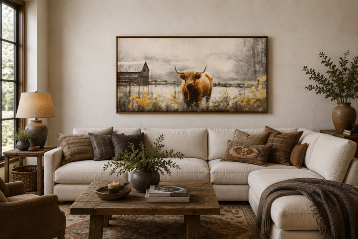 Framed Highland cow wall art above a white sectional sofa in a rustic farmhouse living room.