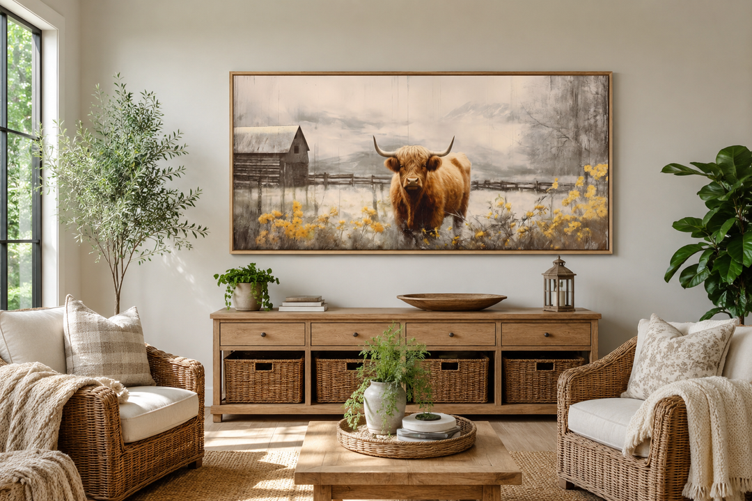 Framed Highland cow canvas wall art above a wooden console in a rustic farmhouse living room.