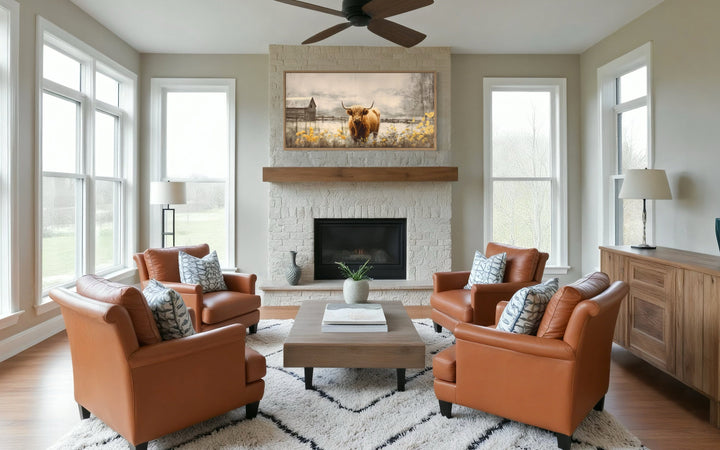 Highland Cow Wall Art – Framed Rustic Farmhouse Canvas Decor for Country Living