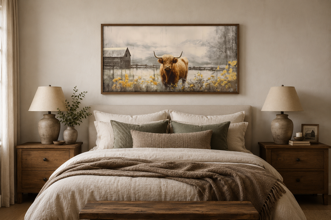 Framed Highland cow canvas wall art hanging above a bed in a rustic farmhouse bedroom.
