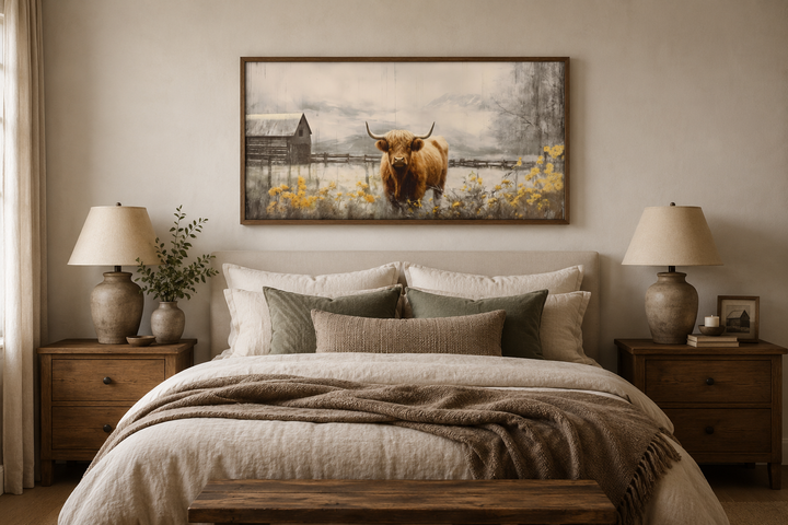 Framed Highland cow canvas wall art hanging above a bed in a rustic farmhouse bedroom.