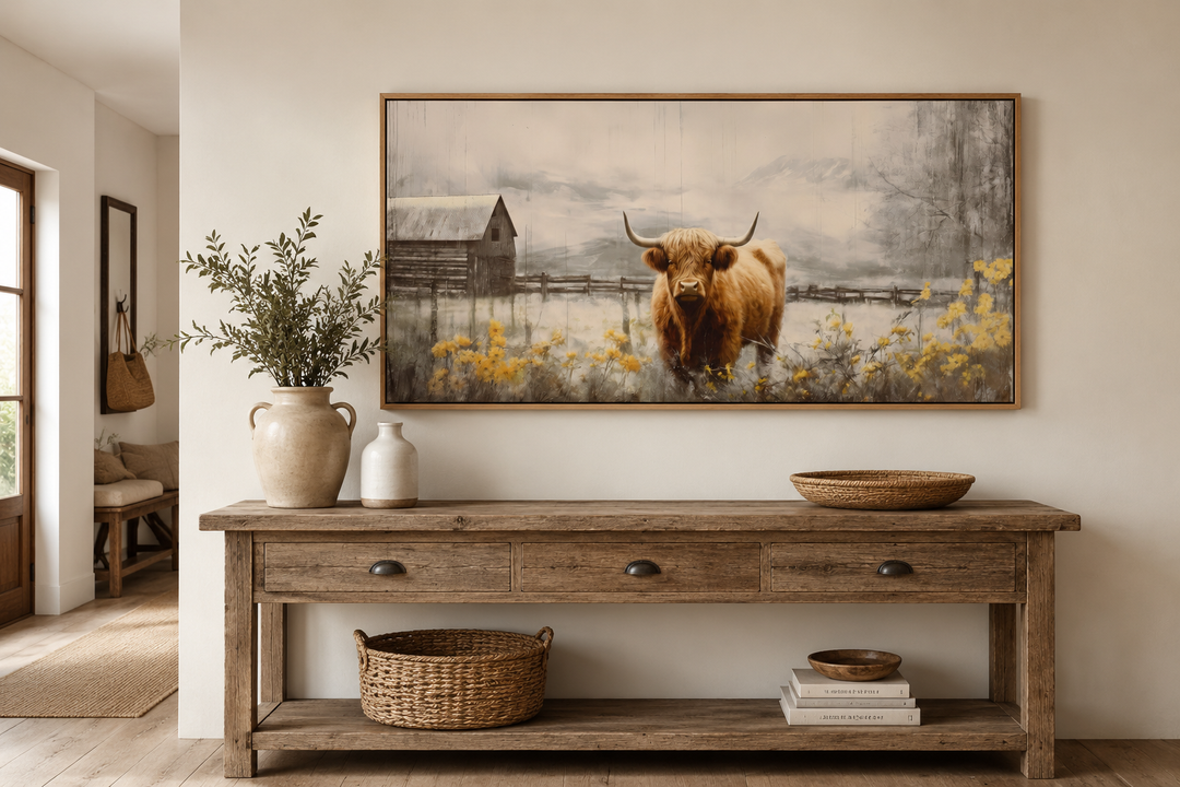 Framed Highland cow canvas wall art above a rustic wooden console table in a farmhouse entryway.