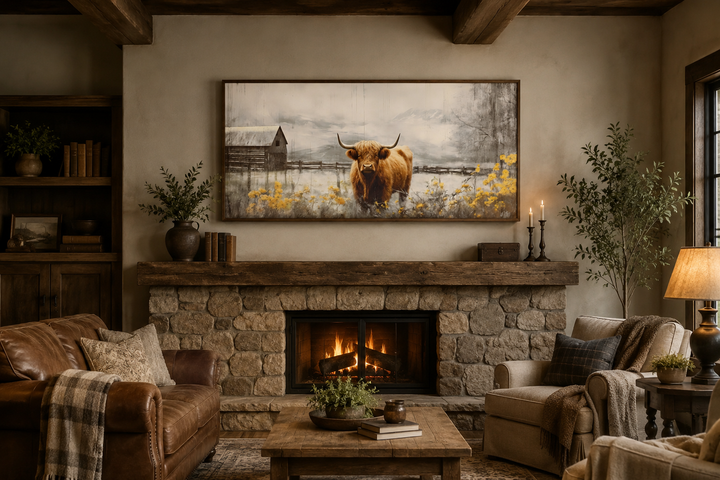 Framed Highland cow canvas art above a stone fireplace in a rustic farmhouse living room.