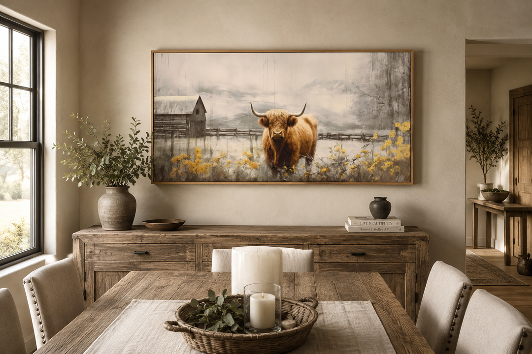 Framed Highland cow canvas wall art above a rustic wooden sideboard in a farmhouse dining room.