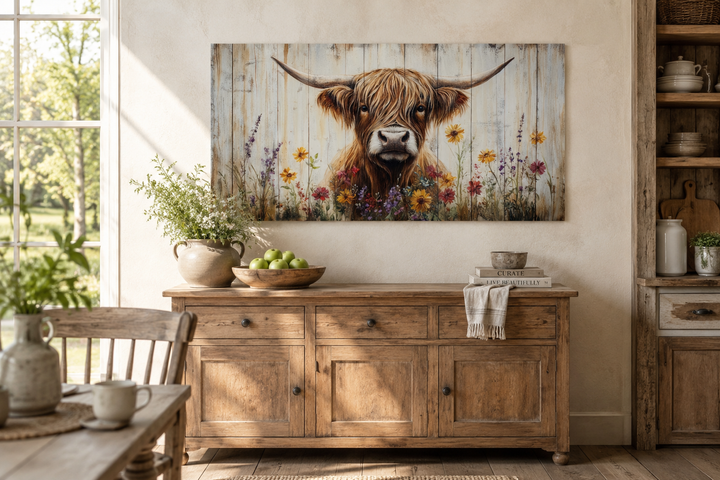 Rustic Highland cow wall art with floral accents on a wood-plank background above a wooden sideboard.