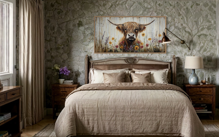 Highland Cow Wall Art – Rustic Farmhouse Decor Floral Canvas Print for Living Room