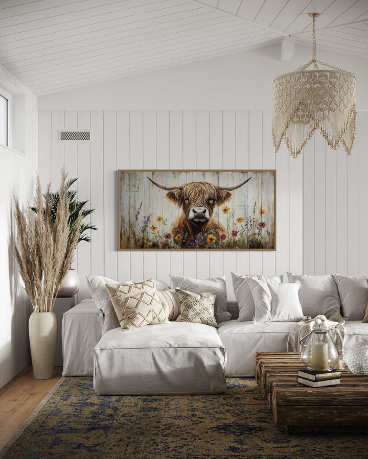 Highland Cow Wall Art – Rustic Farmhouse Decor Floral Canvas Print for Living Room