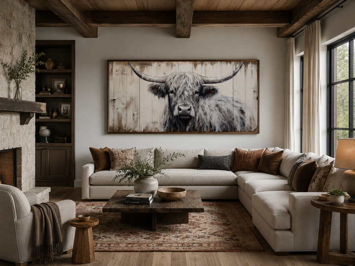 Highland cow framed canvas wall art with rustic wood texture above a neutral sectional sofa.