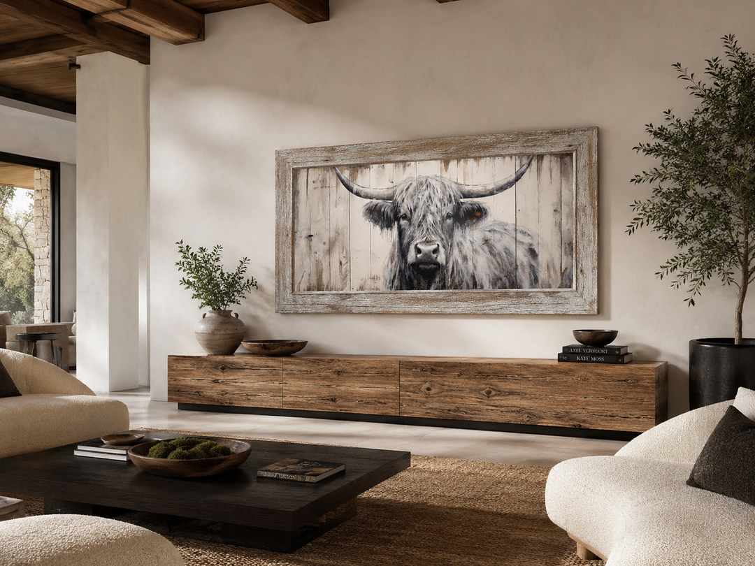 Framed Highland cow canvas wall art with rustic wood texture in a modern farmhouse living room.