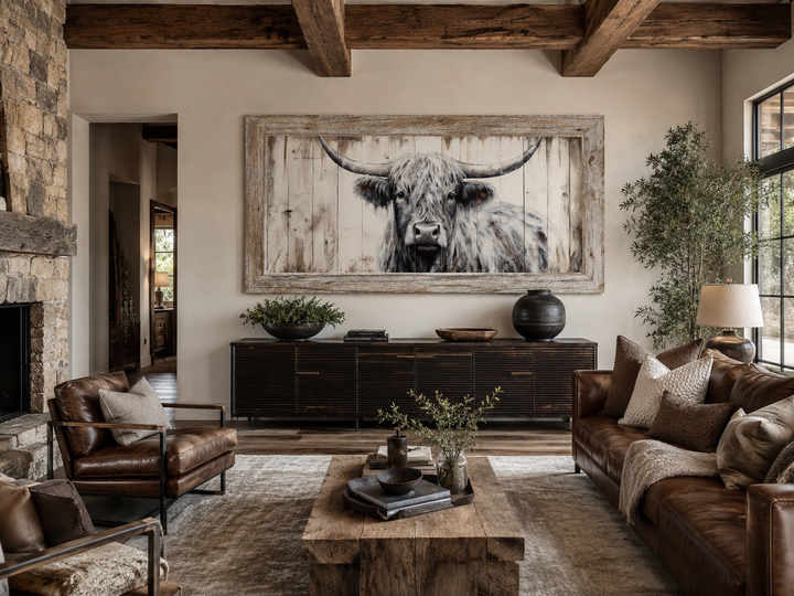 Framed highland cow canvas wall art with natural wood texture in a rustic farmhouse living room.
