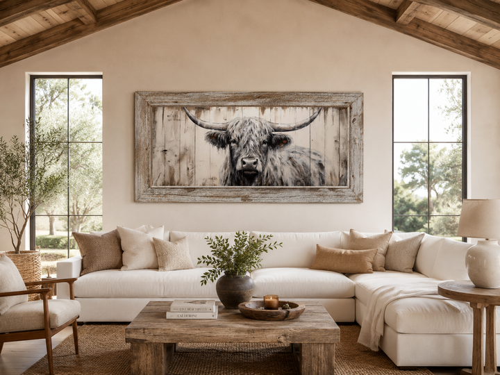 Framed highland cow canvas wall art with rustic wood texture in a farmhouse living room setting.