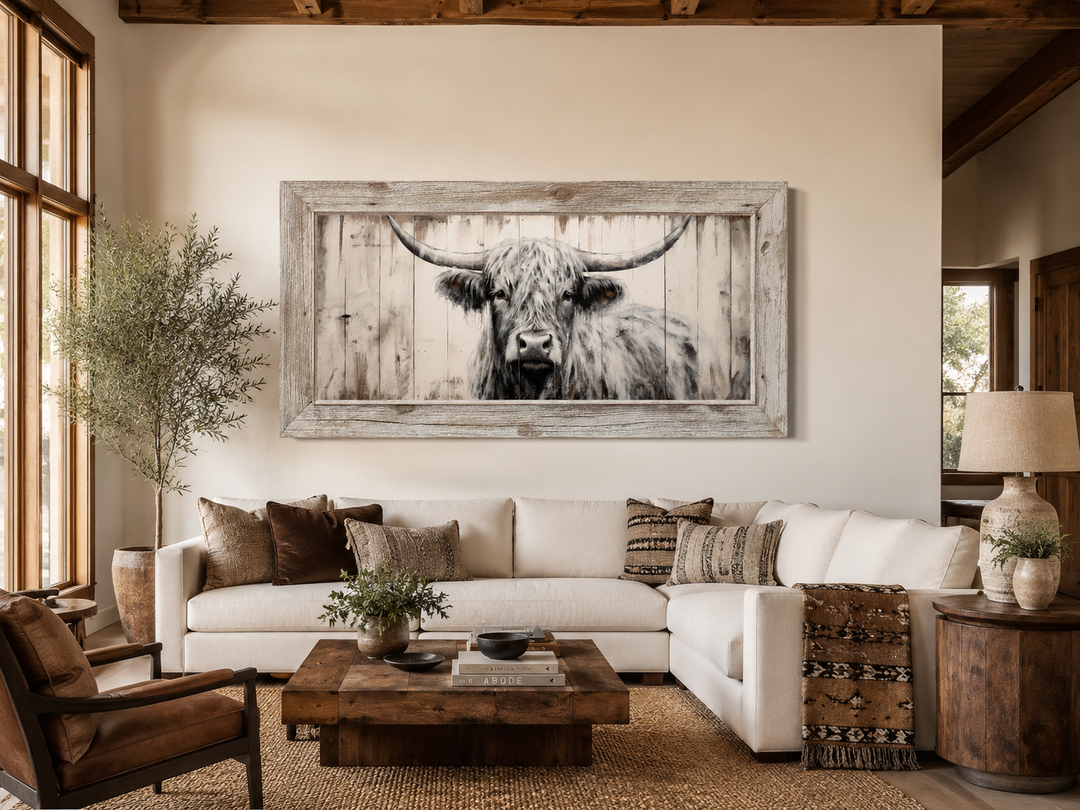 Framed highland cow canvas wall art with natural wood texture in a rustic farmhouse living room.