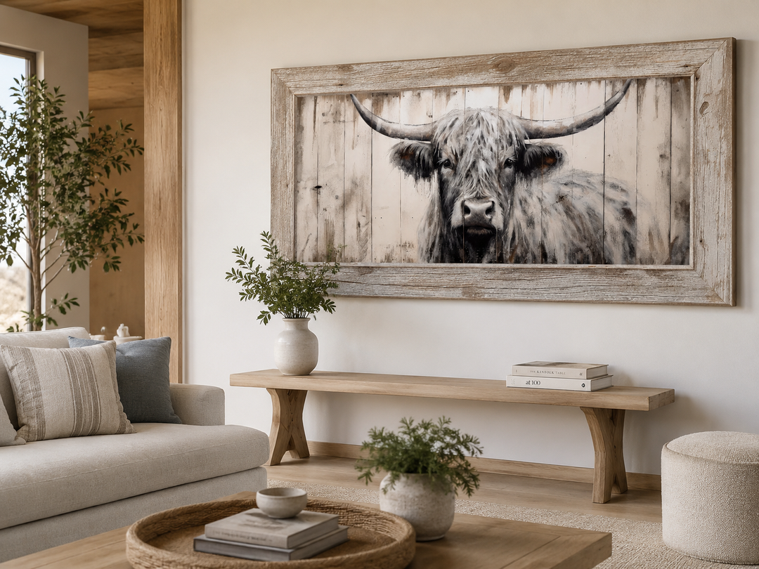 Rustic framed highland cow canvas print on a white wall above a wooden bench in a farmhouse room.