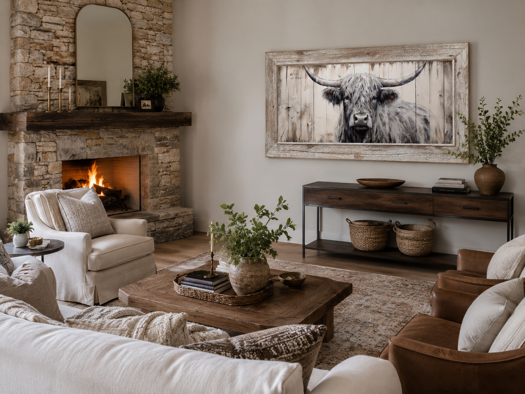 Framed highland cow canvas print with natural wood texture in a rustic farmhouse living room.