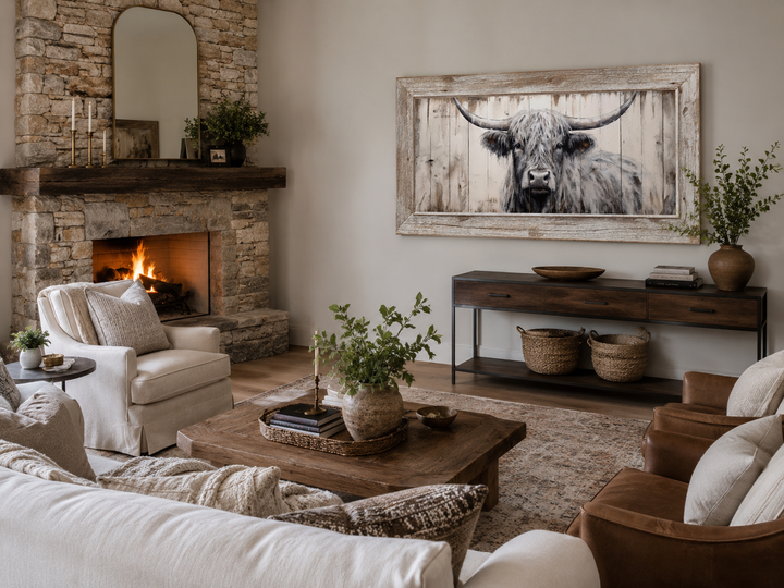 Framed highland cow canvas print with natural wood texture in a rustic farmhouse living room.