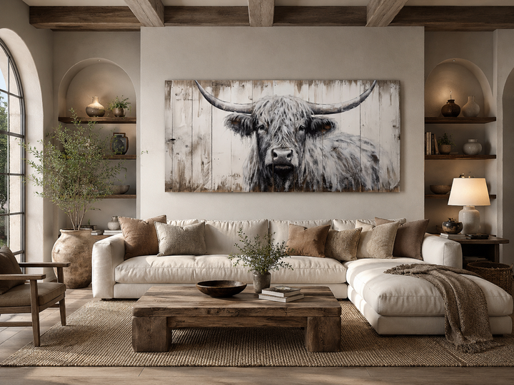 Highland cow framed canvas wall art with natural wood texture in a rustic farmhouse living room.