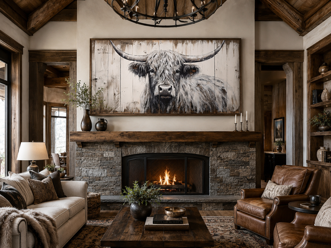 Rustic framed canvas wall art of a highland cow with wood texture above a stone fireplace.