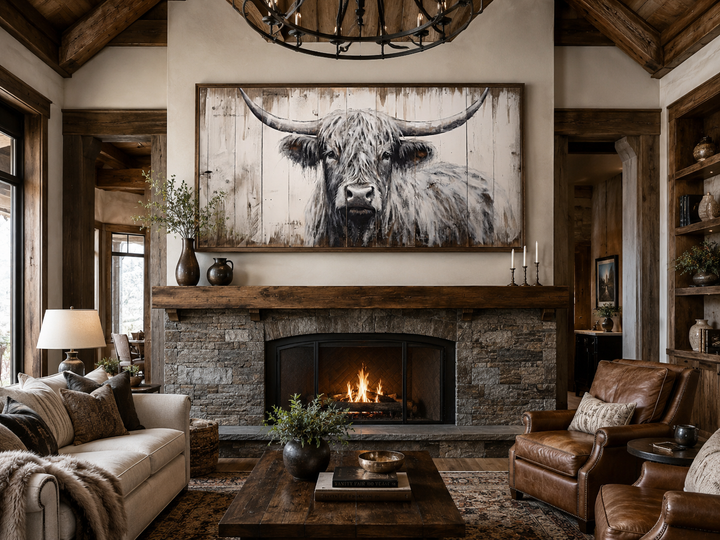 Rustic framed canvas wall art of a highland cow with wood texture above a stone fireplace.
