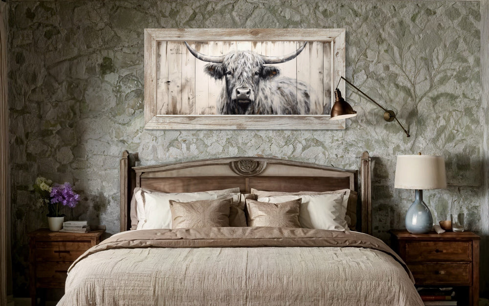 Highland cow framed canvas wall art with natural wood texture above a rustic bed.