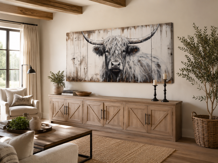 Highland cow framed canvas wall art with natural wood texture above a rustic wooden sideboard.