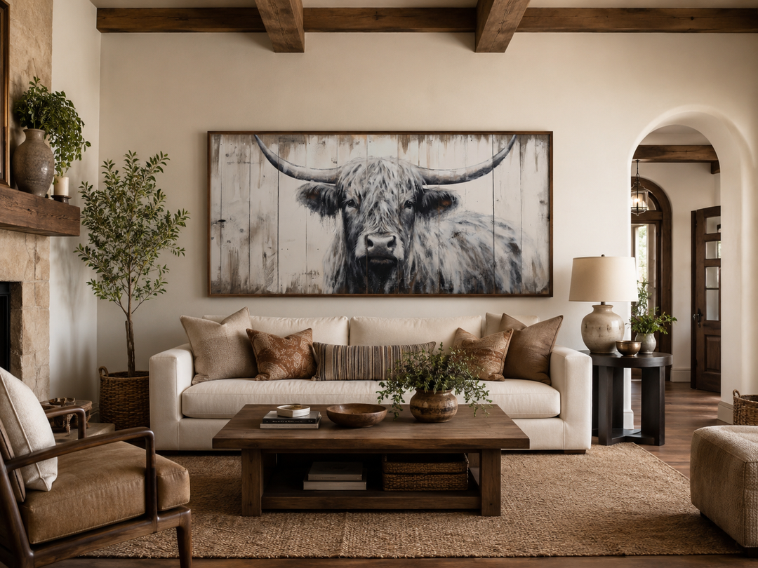 Framed highland cow canvas wall art with natural wood texture in a rustic farmhouse living room.