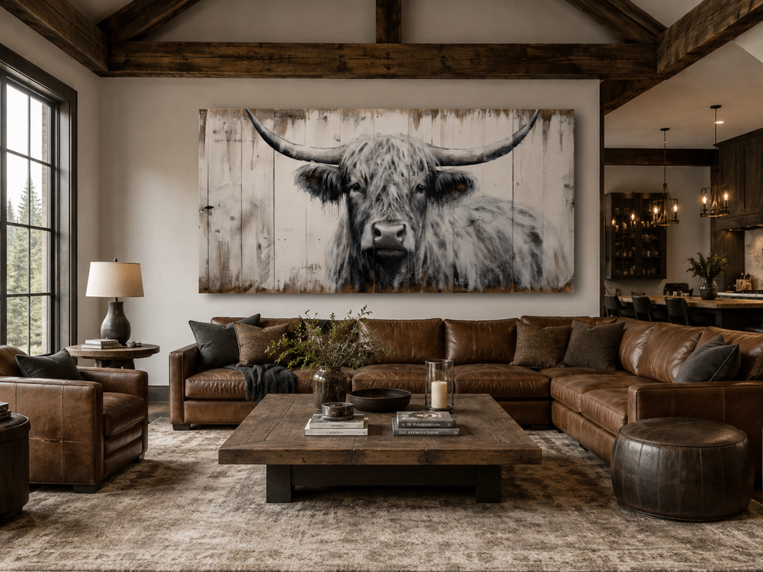 Large rustic highland cow canvas wall art with wood texture above a brown leather sectional sofa.