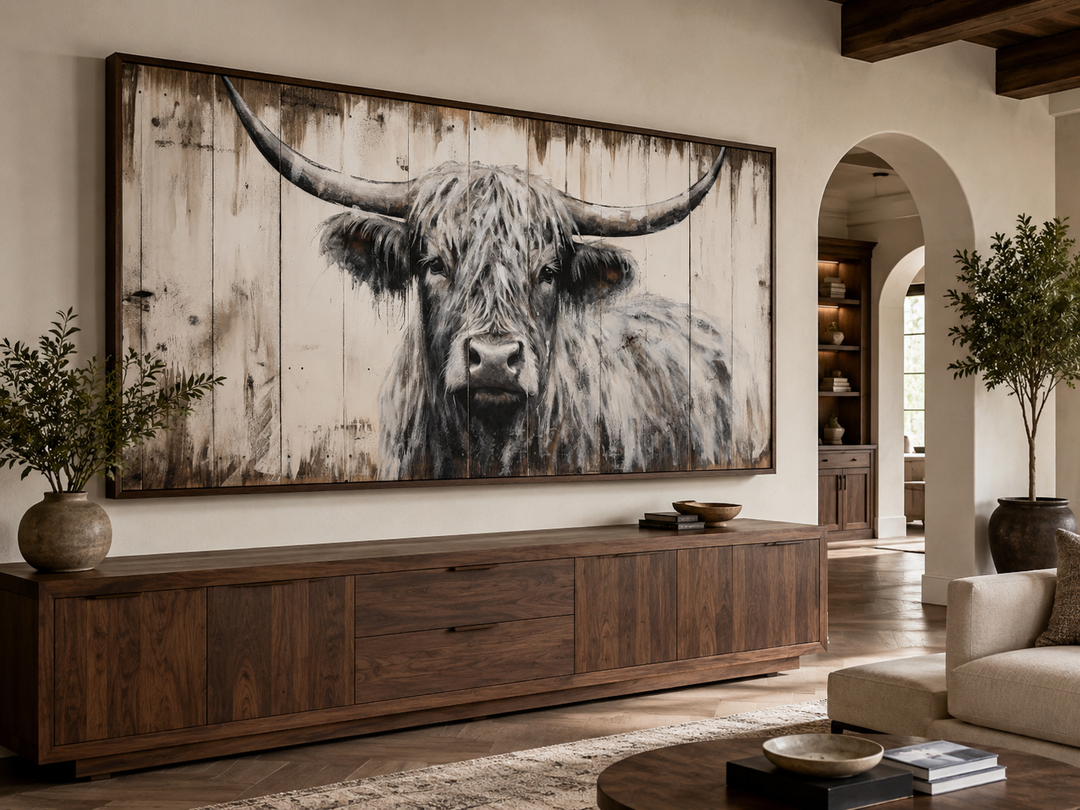 Large framed highland cow canvas print with rustic wood texture above a dark wood sideboard.