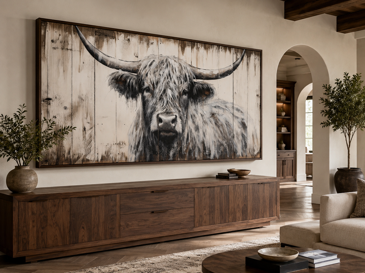 Large framed highland cow canvas print with rustic wood texture above a dark wood sideboard.