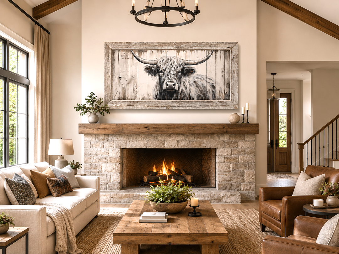 Framed highland cow canvas print with natural wood texture above a stone fireplace in a living room.