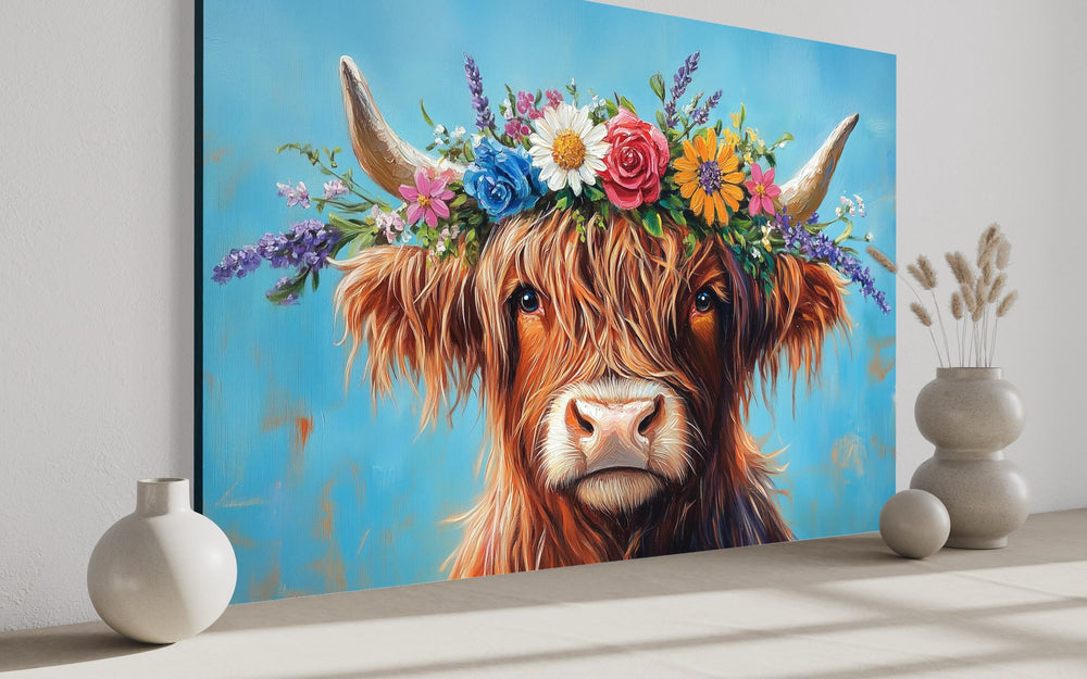 Highland Cow With Floral Wreath Farmhouse Canvas Wall Art