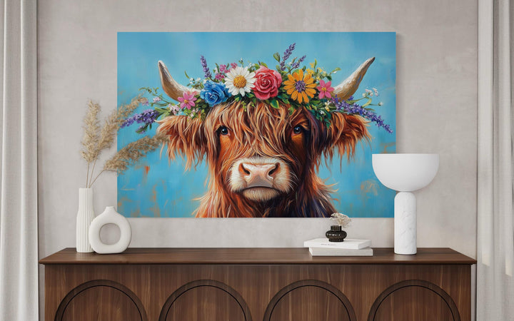 Highland Cow With Floral Wreath Farmhouse Canvas Wall Art