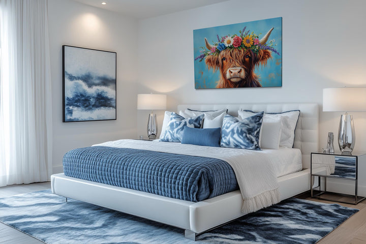 Highland Cow With Floral Wreath Farmhouse Canvas Wall Art