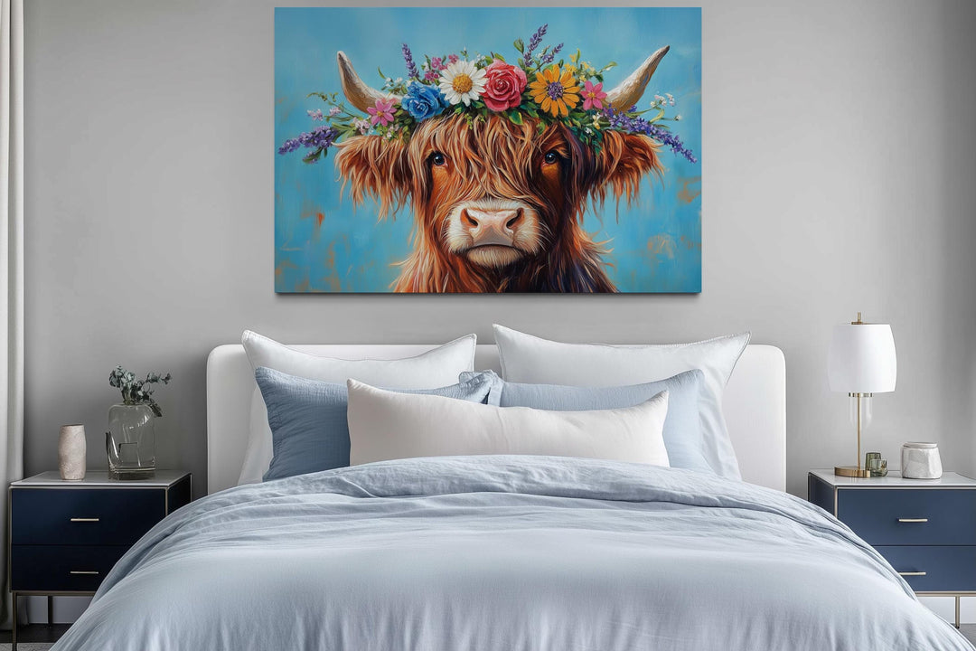 Highland Cow With Floral Wreath Farmhouse Canvas Wall Art