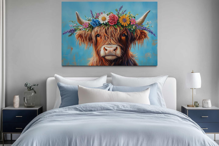 Highland Cow With Floral Wreath Farmhouse Canvas Wall Art