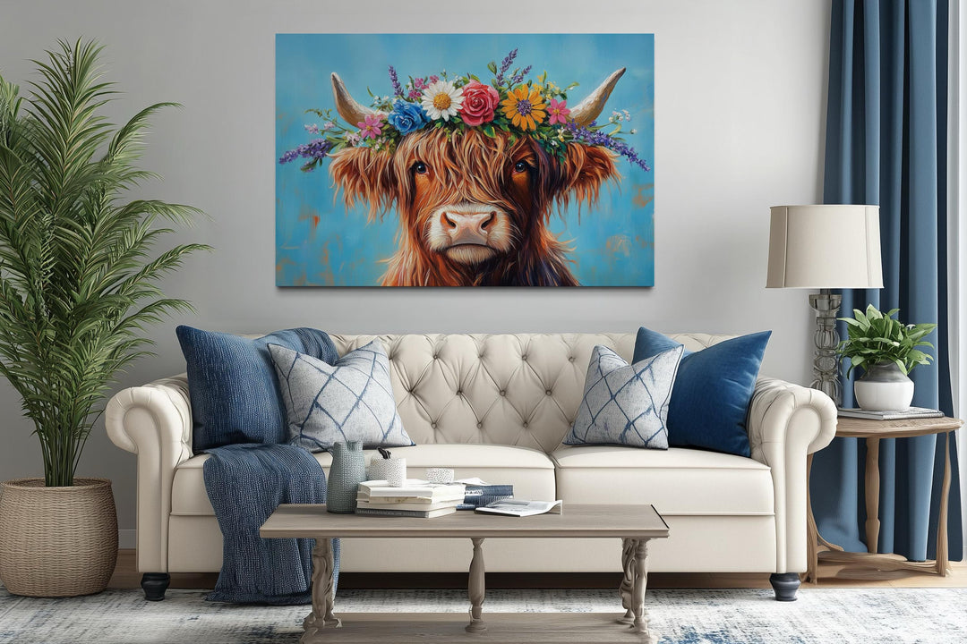 Highland Cow With Floral Wreath Farmhouse Canvas Wall Art