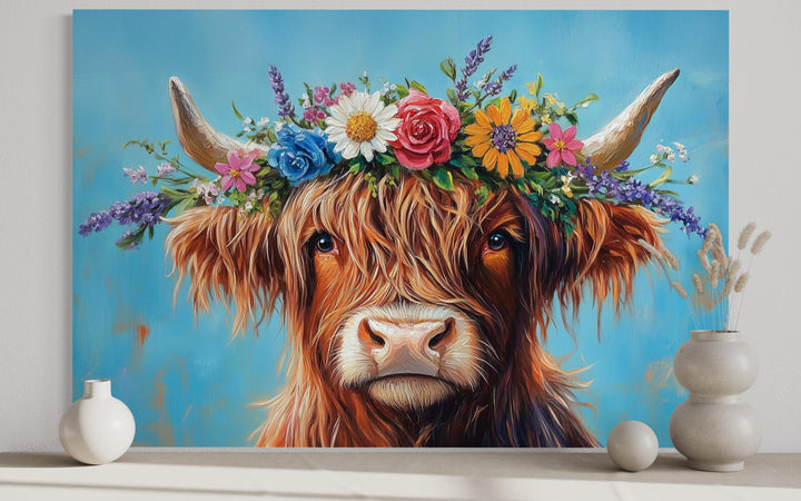 Highland Cow With Floral Wreath Farmhouse Canvas Wall Art
