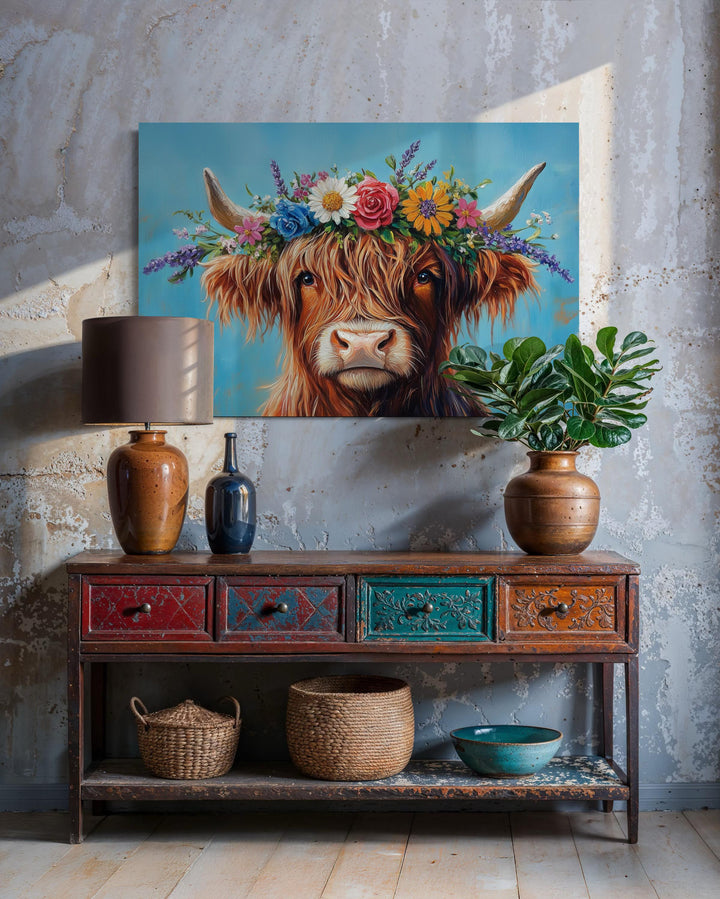 Highland Cow With Floral Wreath Farmhouse Canvas Wall Art