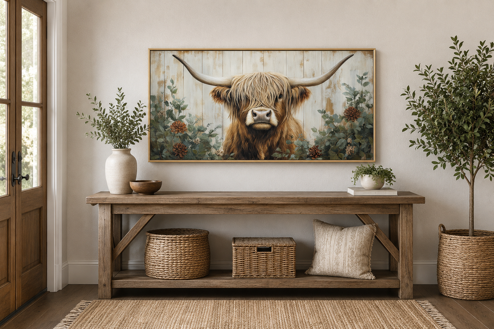 Framed Highland cow canvas wall art with floral accents on a distressed wood-style background.